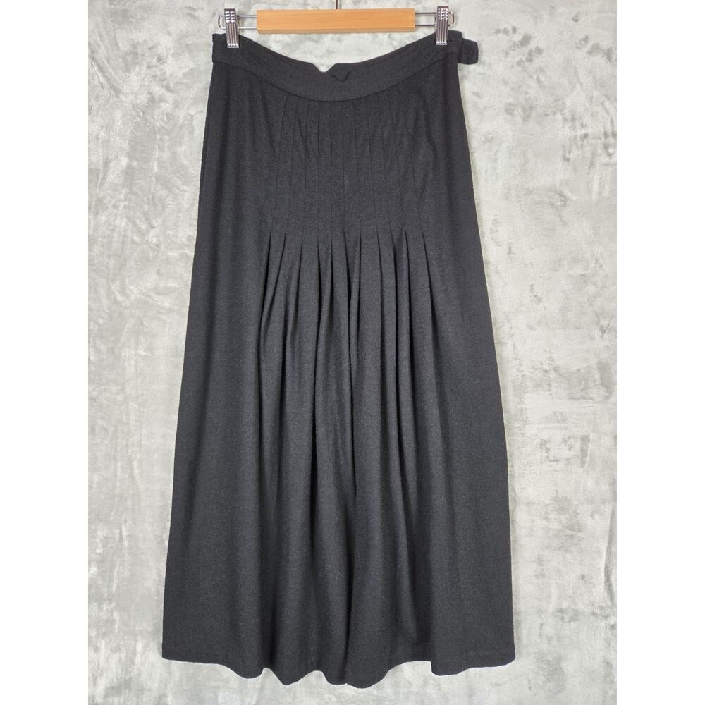 Vtg Elliot Andrews 100% Wool Skirt Pleated Flare Black Midi Minimalist Size 10